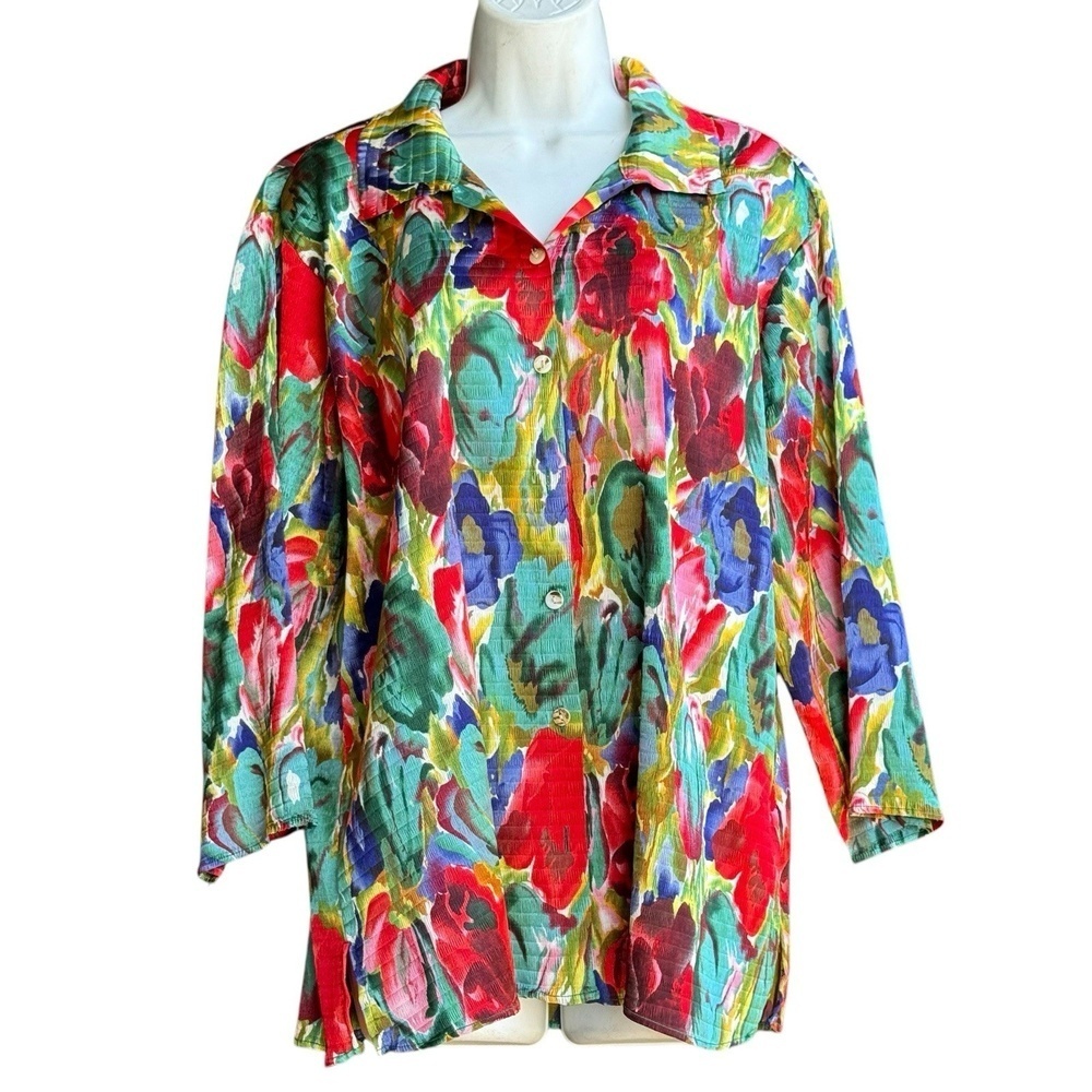 Coldwater Creek Floral Crinkle Top Women's Size XL Button-Up Multicolor Shirt